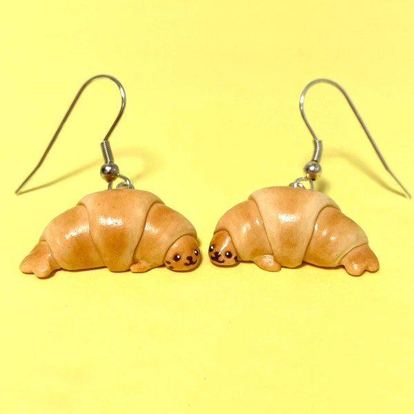 Tiny Croissant Earrings / Quirky Baby Seal Earrings, Miniature Polymer Clay Food Jewellery