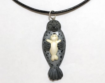 Polymer Clay Seal Hugging Necklace, Mother and Baby Animal Jewellery, New Mother Gift, Baby Seal  Charm