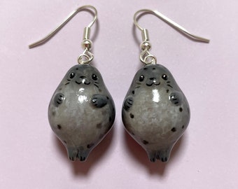 Little Grey Seal Earrings, Polymer Clay Miniatures, Sea Mammal Jewellery, Seal Lover Gift, Chonky Seal, Kawaii Earrings