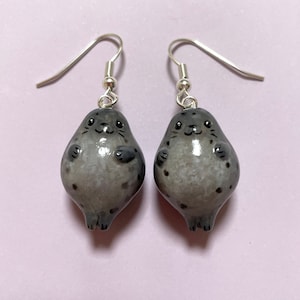 Little Grey Seal Earrings, Polymer Clay Miniatures, Sea Mammal Jewellery, Seal Lover Gift, Chonky Seal, Kawaii Earrings