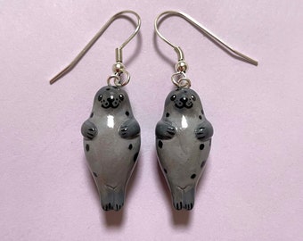Miniature Seal Earrings, Tiny Animal Jewellery, Grey Seal, Seal Gift, Harbor Seal Jewellery, Sea Creature Jewellery, Polymer Clay Earrings