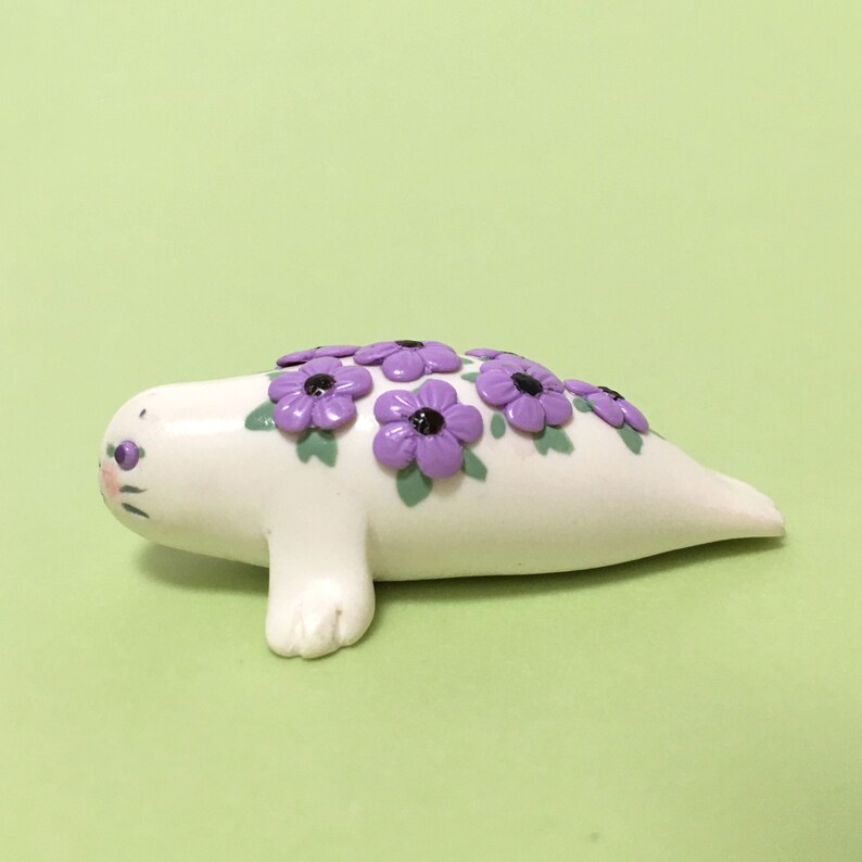 Flower Animal Seal Miniature Plant and Animal Lover Gift Mini Purple Flowers Tiny Purple Flowers Polymer Clay Animal