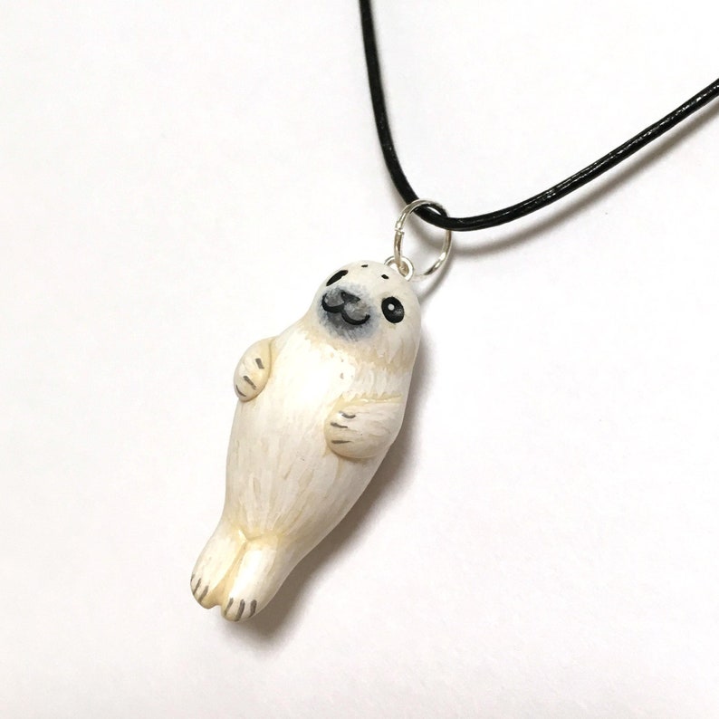 Seal Charm Necklace, White Baby Seal, Miniature Polymer Clay Pendant, Cute Seal Jewellery image 1