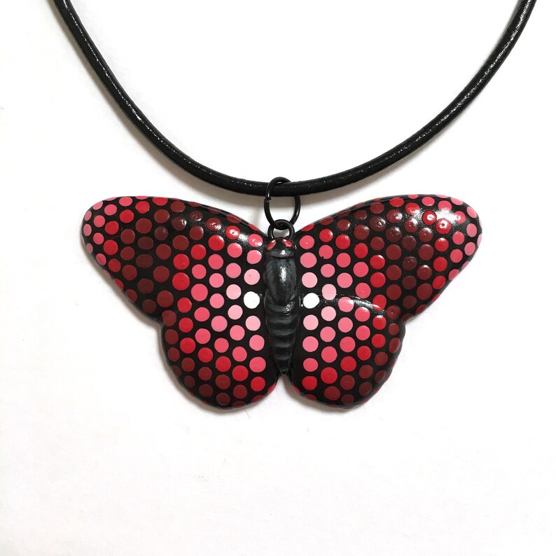 Abstract Jewellery Red and Black Butterfly Necklace Dot Painted Jewellery Red Butterfly Pendant Dot Painting Spotted Animal Charm