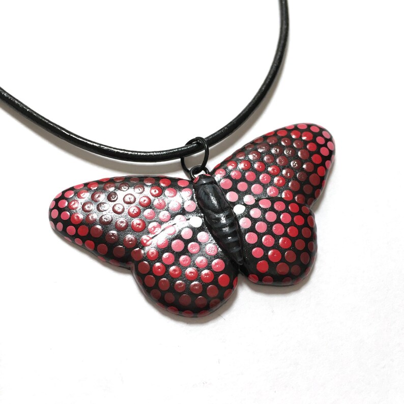 Abstract Jewellery Red and Black Butterfly Necklace Dot Painted Jewellery Red Butterfly Pendant Dot Painting Spotted Animal Charm