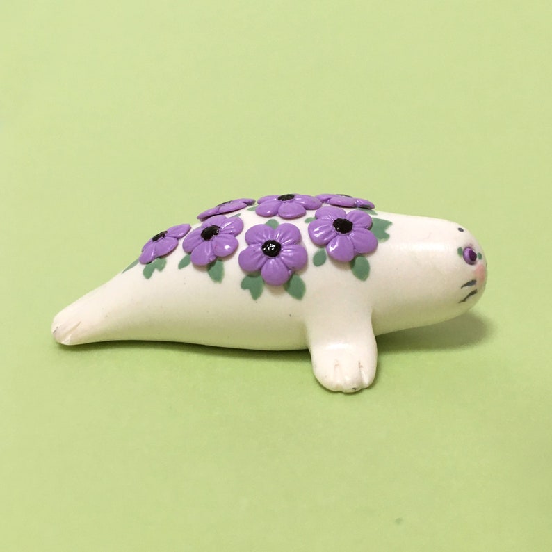 Flower Animal Seal Miniature Plant and Animal Lover Gift Mini Purple Flowers Tiny Purple Flowers Polymer Clay Animal