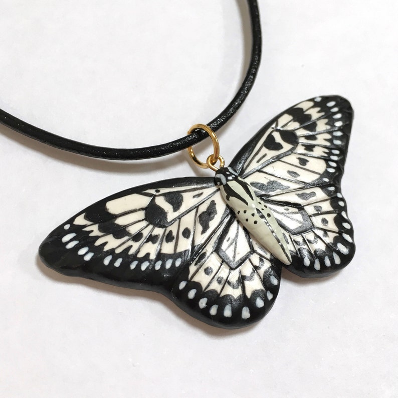 White Butterfly Necklace White and Black Butterfly Pendant Etsy