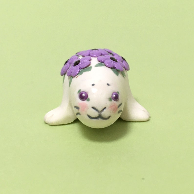 Flower Animal Seal Miniature Plant and Animal Lover Gift Mini Purple Flowers Tiny Purple Flowers Polymer Clay Animal