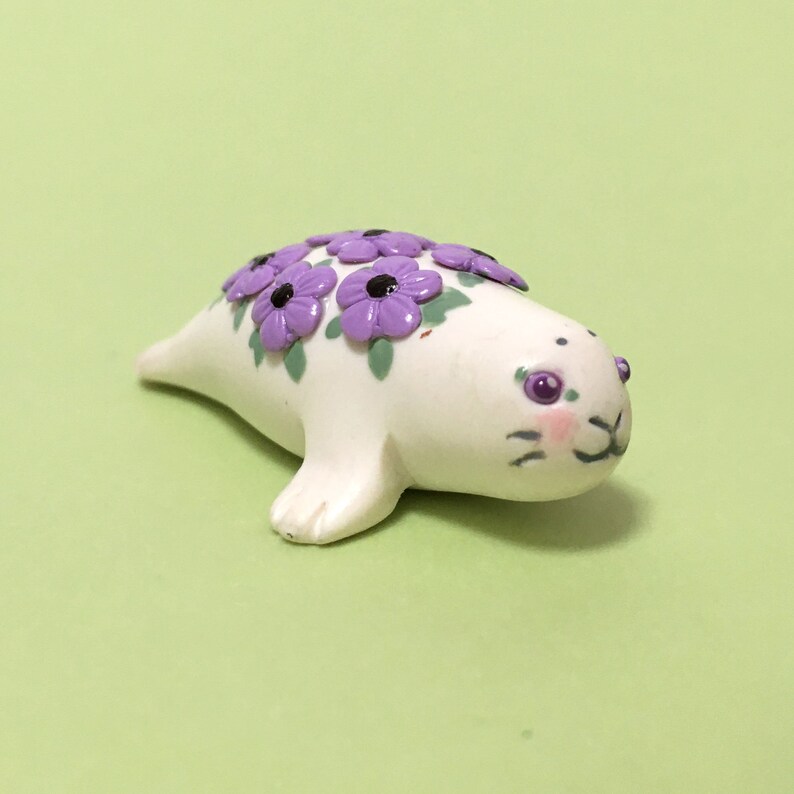 Flower Animal Seal Miniature Plant and Animal Lover Gift Mini Purple Flowers Tiny Purple Flowers Polymer Clay Animal