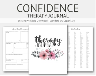 Könnte beinhalten: Ein druckbares Therapie-Tagebuch mit floralem Design. Das Tagebuch enthält Abschnitte für den rationalen Gedankenersatz und eine Liste von Emotionen.
