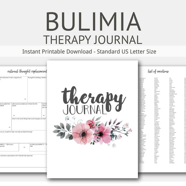 Bulimia Therapy Journal: Mental Health, Eating Disorder, Anorexia, Depression, Anxiety, Binge, Purge, Instant Printable Download