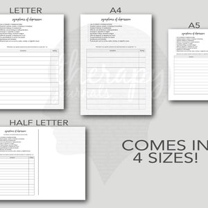 May include: Four white paper sheets with the text "symptoms of depression" in different sizes: Letter, A4, A5, and Half Letter. Each sheet has a list of symptoms and a rating section. The text "COMES IN 4 SIZES!" is also visible.