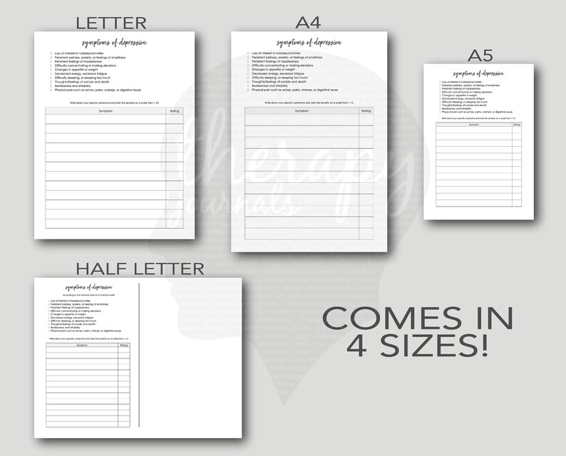 May include: Four white paper sheets with the text "symptoms of depression" in different sizes: Letter, A4, A5, and Half Letter. Each sheet has a list of symptoms and a rating section. The text "COMES IN 4 SIZES!" is also visible.