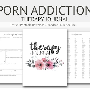 May include: A white therapy journal with the words "therapy JOURNAL" in black script, accented with pink floral illustrations. The journal is accompanied by two open pages with prompts and a list of emotions. The text "PORN ADDICTION" is at the top.
