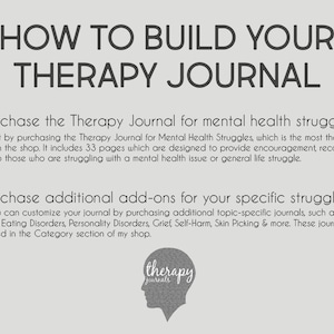 Puede incluir: Un fondo blanco con texto negro que explica c&oacute;mo construir un diario de terapia. El texto incluye el t&iacute;tulo "C&oacute;mo construir tu diario de terapia" y dos pasos: "Compra el diario de terapia para las dificultades de salud mental" y "Compra complementos adicionales para tu dificultad espec&iacute;fica". El texto tambi&eacute;n incluye un logotipo para "Therapy Journals" con una silueta de cabeza gris.