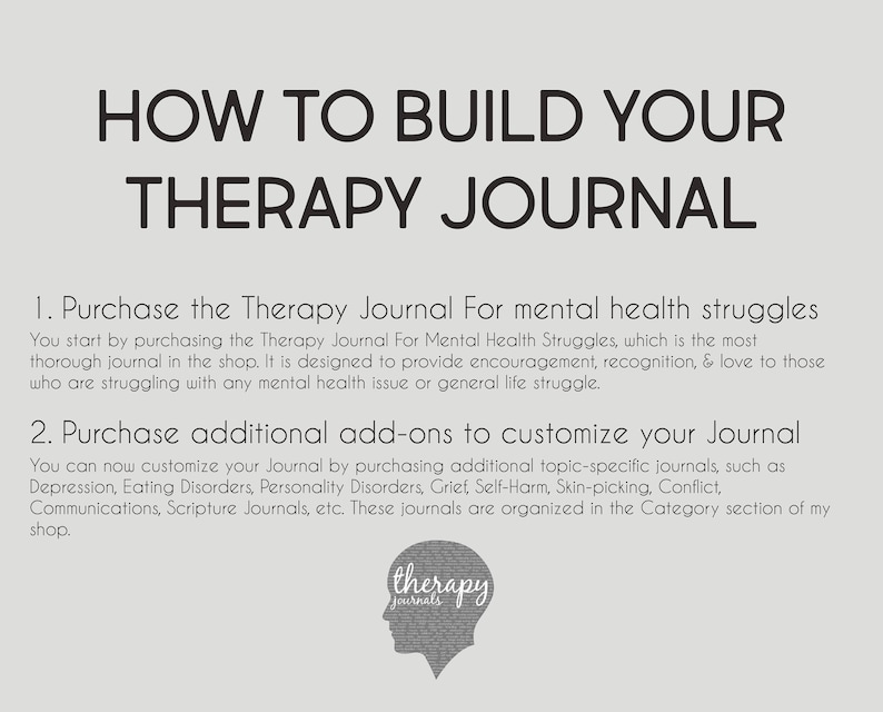 May include: A light gray graphic with the text "HOW TO BUILD YOUR THERAPY JOURNAL." Instructions include purchasing a therapy journal and add-ons for customization. A logo of a head silhouette is at the bottom.