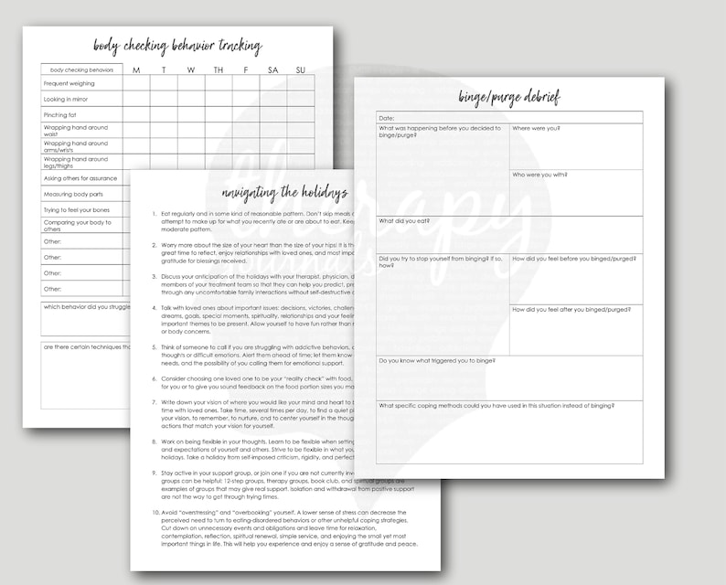 Puede incluir: Dos hojas de trabajo imprimibles en blanco y negro para gestionar los comportamientos de atracones y purgas. La primera hoja de trabajo se titula "Seguimiento del comportamiento de comprobaci&oacute;n corporal" e incluye una tabla para realizar un seguimiento de los diferentes comportamientos de comprobaci&oacute;n corporal. La segunda hoja de trabajo se titula "Debriefing de atracones/purgas" e incluye preguntas para ayudar a alguien a reflexionar sobre sus comportamientos de atracones y purgas.
