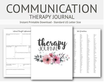 Puede incluir: Un diario de terapia imprimible con un diseño floral y el texto "therapy journal". El diario incluye secciones para el reemplazo de pensamiento racional y una lista de emociones.