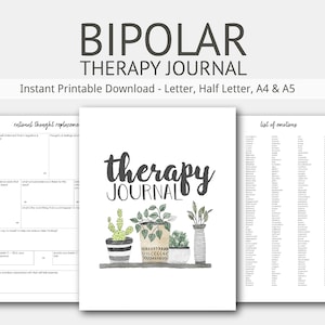 Bipolar Disorder Therapy Journal: Mental Health, Depression, Anxiety, Mood Swings, Manic, Depressive, Instant Printable Download