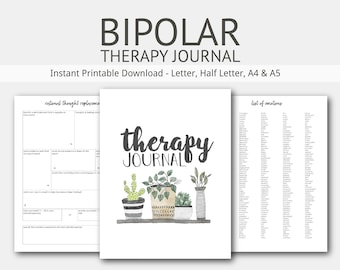 Bipolar Disorder Therapy Journal: Mental Health, Depression, Anxiety, Mood Swings, Manic, Depressive, Instant Printable Download