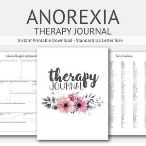 Op de afbeelding: Anorexia Therapie Journal, downloadbaar om te printen. Het journal heeft een bloemmotief met roze en grijze bloemen. Het journal bevat secties voor rationele gedachtereferentie en een lijst met emoties.