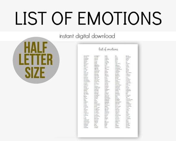 Half Letter - List of Emotions: Mental Health Journal, Depression, Anxiety, Anorexia, PTSD, Planner, Eating Disorder, A5, Instant Printable