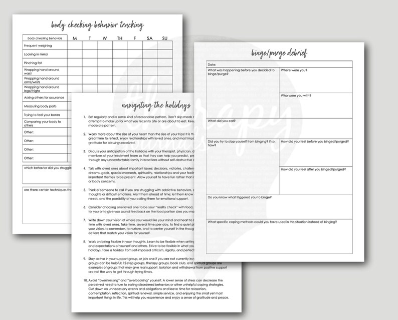 Op de afbeelding: Twee zwart-witte printbare werkbladen voor het beheren van eetbuien en purgeergedrag. Het eerste werkblad is getiteld "Lichaamscontrolegedrag bijhouden" en bevat een tabel om lichaamscontrolegedrag bij te houden. Het tweede werkblad is getiteld "Eetbui/Purge Debriefing" en bevat vragen om je te helpen reflecteren op je eetbuien en purgeergedrag.