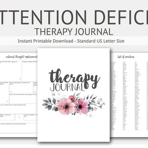 May include: A printable therapy journal with a floral design and the text "therapy JOURNAL" in black. The journal includes sections for rational thought replacement and a list of emotions.