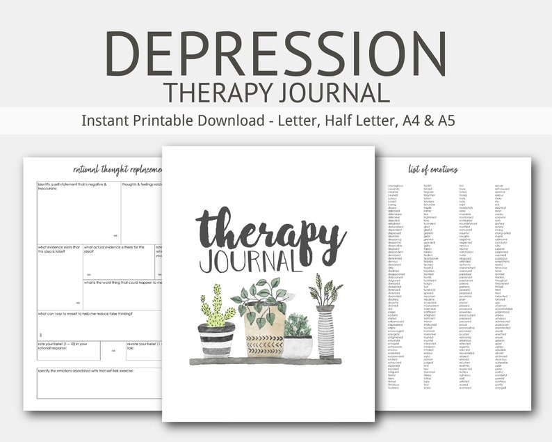 Depression Therapy Journal: Instant Printable Download, Anxiety, Mental Health, Cognitive Behavior, Self Esteem, Daily Food, Sleep Diary image 1