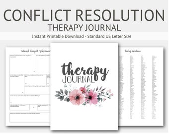Puede incluir: Un diario de terapia imprimible con un diseño floral y el texto "therapy journal". El diario incluye secciones para el reemplazo de pensamiento racional y una lista de emociones.