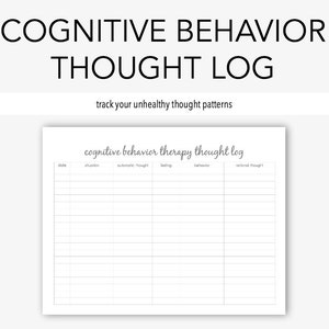 May include: A printable cognitive behavior therapy thought log worksheet. The worksheet has columns for date, situation, automatic thought, feeling, behavior, and rational thought.
