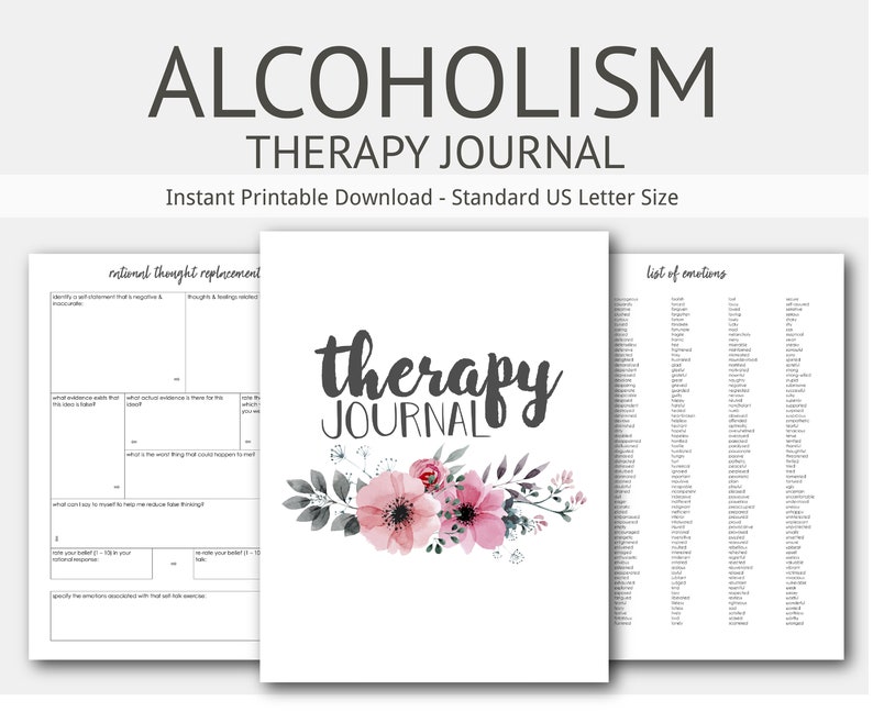 Op de afbeelding: Een printbaar therapiejournaal voor alcoholisme met een bloemenontwerp. Het journaal bevat secties voor rationele gedachtere vervanging en een lijst met emoties.