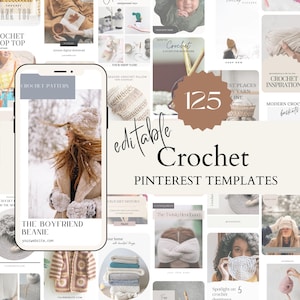 Può includere: Un collage di 125 modelli di Pinterest modificabili per progetti all'uncinetto. I modelli presentano immagini di oggetti all'uncinetto, come cappelli, coperte e cesti, insieme a sovrapposizioni di testo che includono titoli, descrizioni e indirizzi di siti Web.