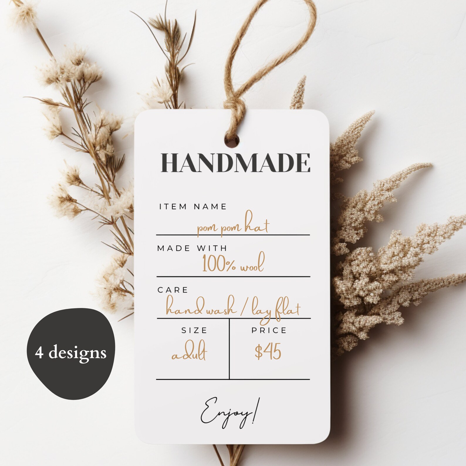 PRINTABLE Price Tags for Handmade Items, Hang Tag Clothing Label, Price Size Care Card, Product ...