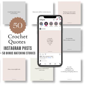 May include: A collection of 50 crochet quotes for Instagram posts and 50 bonus matching stories. The quotes are displayed on a variety of backgrounds, including white, gray, and beige. The quotes are all about the joy of crocheting, and they are perfect for sharing with your fellow crocheters.