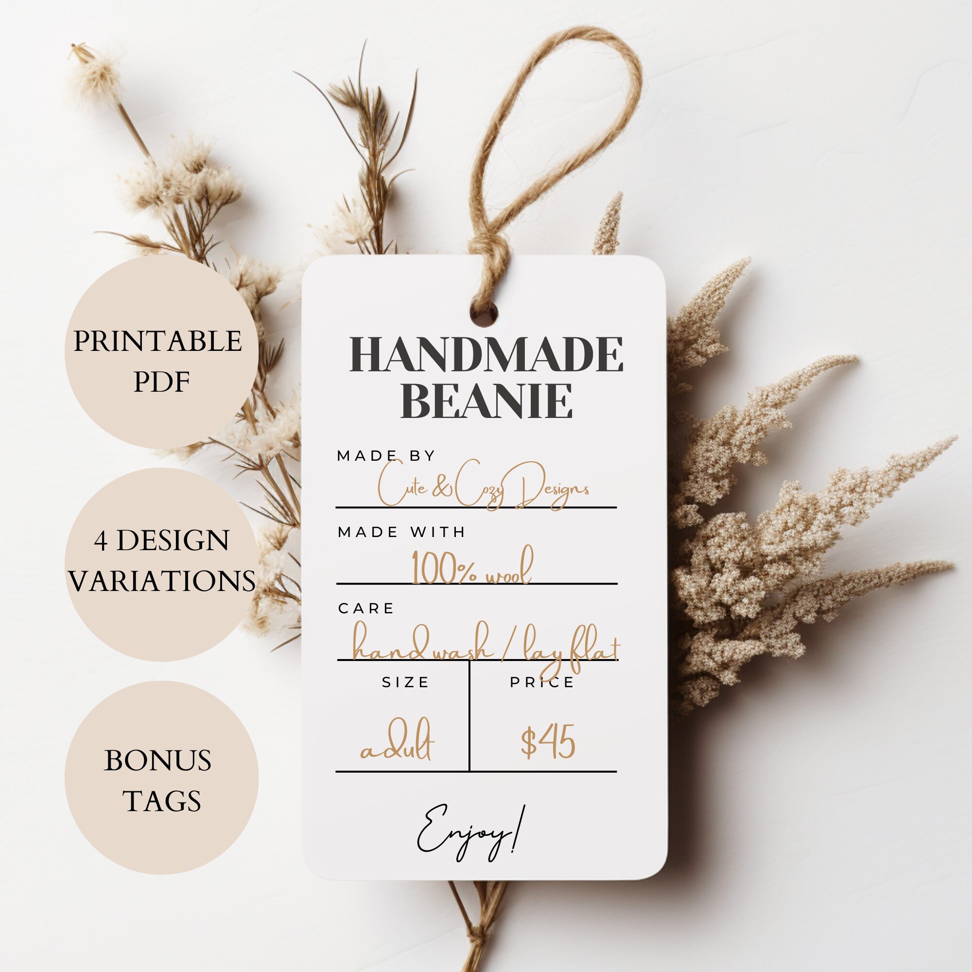 PRINTABLE Price Tags for Handmade Hats Beanies, Product Tag for Knit or Crochet Hats, Hag Tag ...