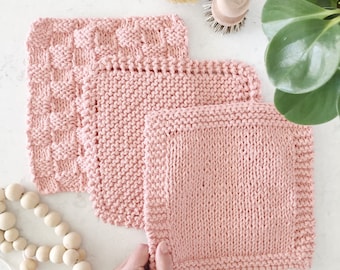 KNITTING PATTERN Dish Cloths, DIY Mothers Day Gift, 3 Easy Designs, Knit Wash Cloth Pattern, Kitchen Decor, Handmade Gift, Digital Download