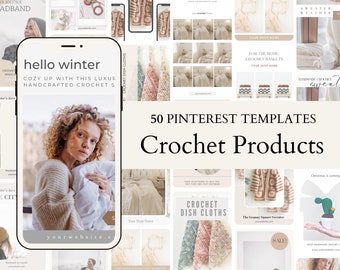 EDITABLE Crochet Products Pinterest Templates, Canva Social Media Templates for Crocheters, Neutral Aesthetic, Small Business Templates