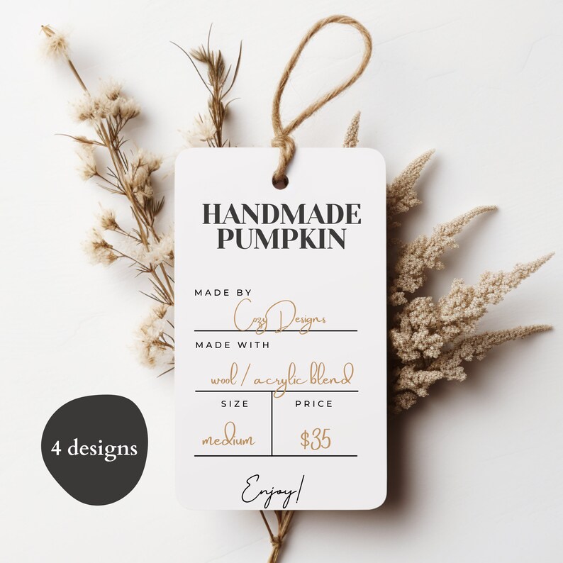 PRINTABLE Price Tags for Handmade Pumpkin, Product Display Tag for Knit or Crochet Pumpkin, Hang Tag Label, Care Card, Fall, Digital PDF image 1