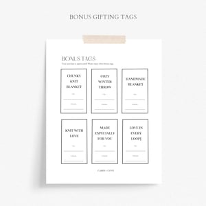 May include: Printable gift tags with black text on a white background. The tags feature phrases like "Cozy Winter Throw", "Handmade Blanket", and "Knit With Love".