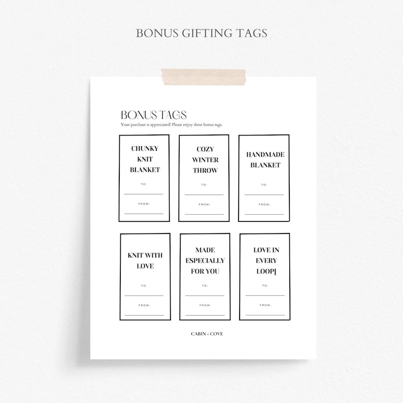 May include: Printable gift tags with black text on a white background. The tags feature phrases like "Cozy Winter Throw", "Handmade Blanket", and "Knit With Love".