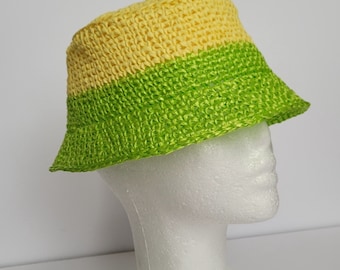 Crochet raffia bucket hat made with eco-friendly yarn. Multi-style modern accessory