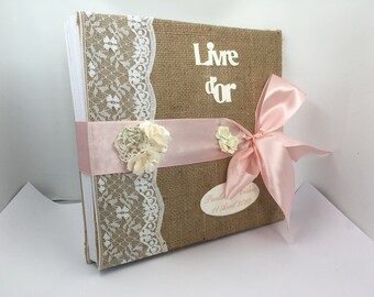 Livre d'or mariage,jute et dentelle blanche,rose et ivoire,très romantique