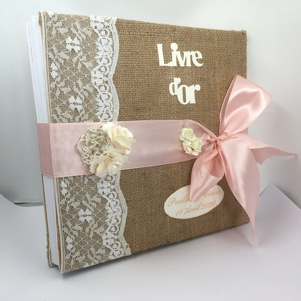 Livre d'or mariage,jute et dentelle blanche,rose et ivoire,très romantique