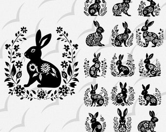Floral Bunny SVG Bundle, 16 Rabbit Silhouette for Cricut and Cut File, Bunny Silhouette PNG, Easter Bunny, Rabbit with flowers,Rabbit easter