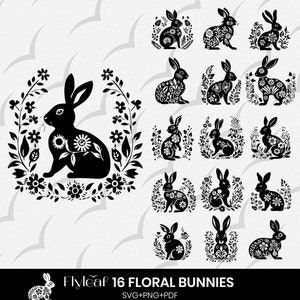 Floral Bunny SVG Bundle, 16 Rabbit Silhouette for Cricut and Cut File, Bunny Silhouette PNG, Easter Bunny, Rabbit with flowers,Rabbit easter