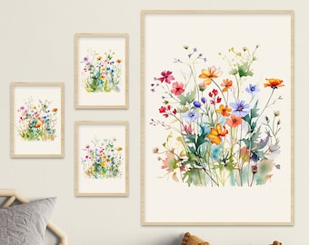 Wildflower Prints Set of 4, Botanical Art Set, Floral Gallery Wall Art, Wild Flowers Farmhouse Art, Digital Download, Floral Printable Art