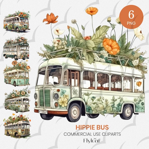 Hippie Bus Png, Vintage Bus PNG Bundle, High Resolution Floral Retro Clipart Instant Digital Download T Shirt Design, Sublimation Design