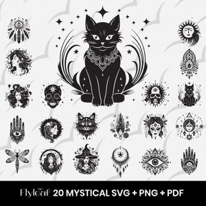 Magic Bundle SVG, 20 Mystic SVG, Celestial Cat PNG, Boho Spiritual Symbols, Cut Files for Cricut, Mystic Moon Illustrations, Magical