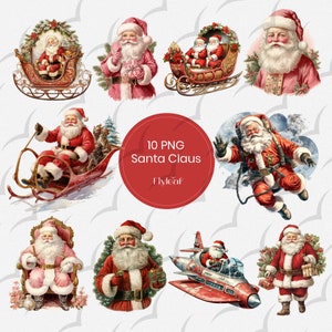 Santa Claus Clipart, Christmas PNG Bundle, 10 Vintage Clipart Commercial Use, Watercolor Christmas, Santa Digital Download Sublimation PNG